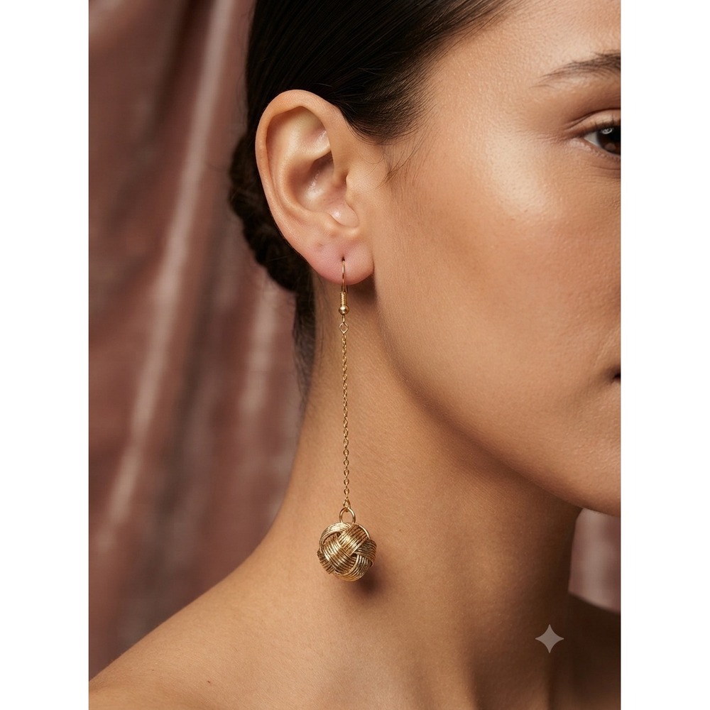 Gold Tone Long Chain Love Knot Drop Earrings Textured Ball Dangle